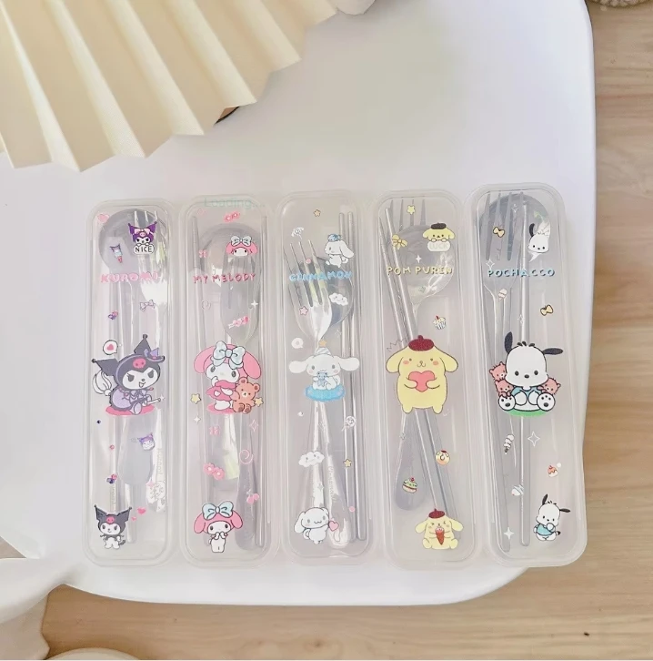 Sanrio Spoon Fork Chopsticks 3 Piece Set Cute Kuromi Pompompurin Hello Kitty Stainless Steel Child Tableware Kitchen Supplies image 6