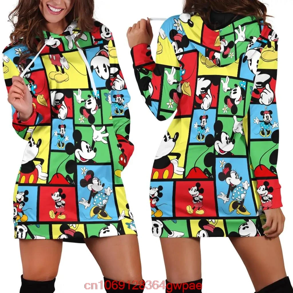 2024 Disney New Mickey Mouse Hoodie Dress Sweater Fashion Disney Dress Sweatshirt Dress 3d Allover Printed Hoodie for Women