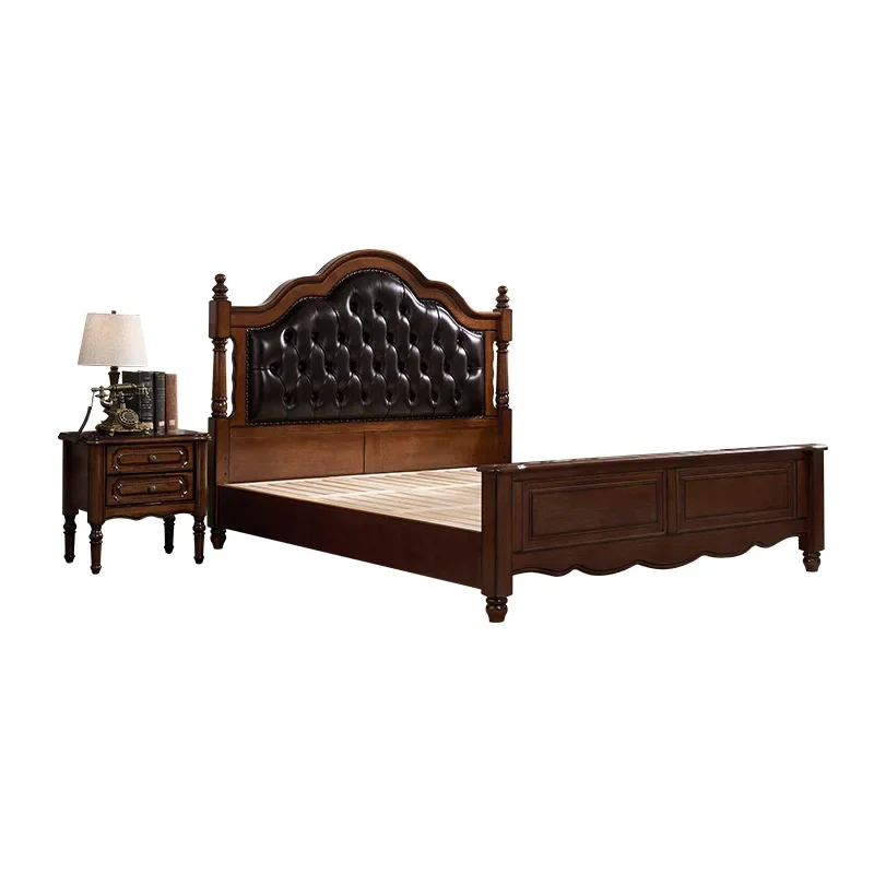

American country, solid wood bed, leather, soft bag, retro, master bedroom, double bed
