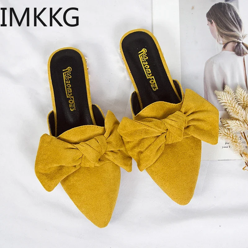 Mules for Women Low Heels Comfortable Slip on Pointed Toe Women\'s Slides Bowtie Casual Shoes Yellow