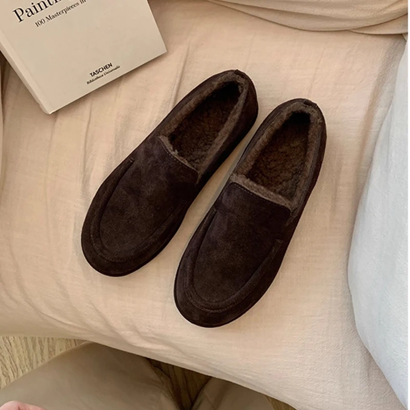 جلد الغزال المتسكعون امرأة جولة تو الانزلاق على عادية شقة امبسوول أحذية السيدات شتاء دافئ الفراء لينة في الهواء الطلق المشي الأحذية #5