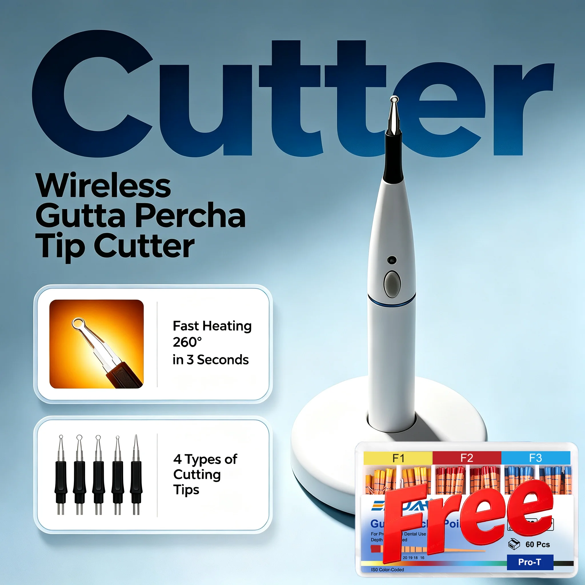 Wireless Gutta Percha Point Cutter + 1 Box Gutta Percha Precision Endo Cutting Instruments + 4 Tips Dental Endodontic Equipment