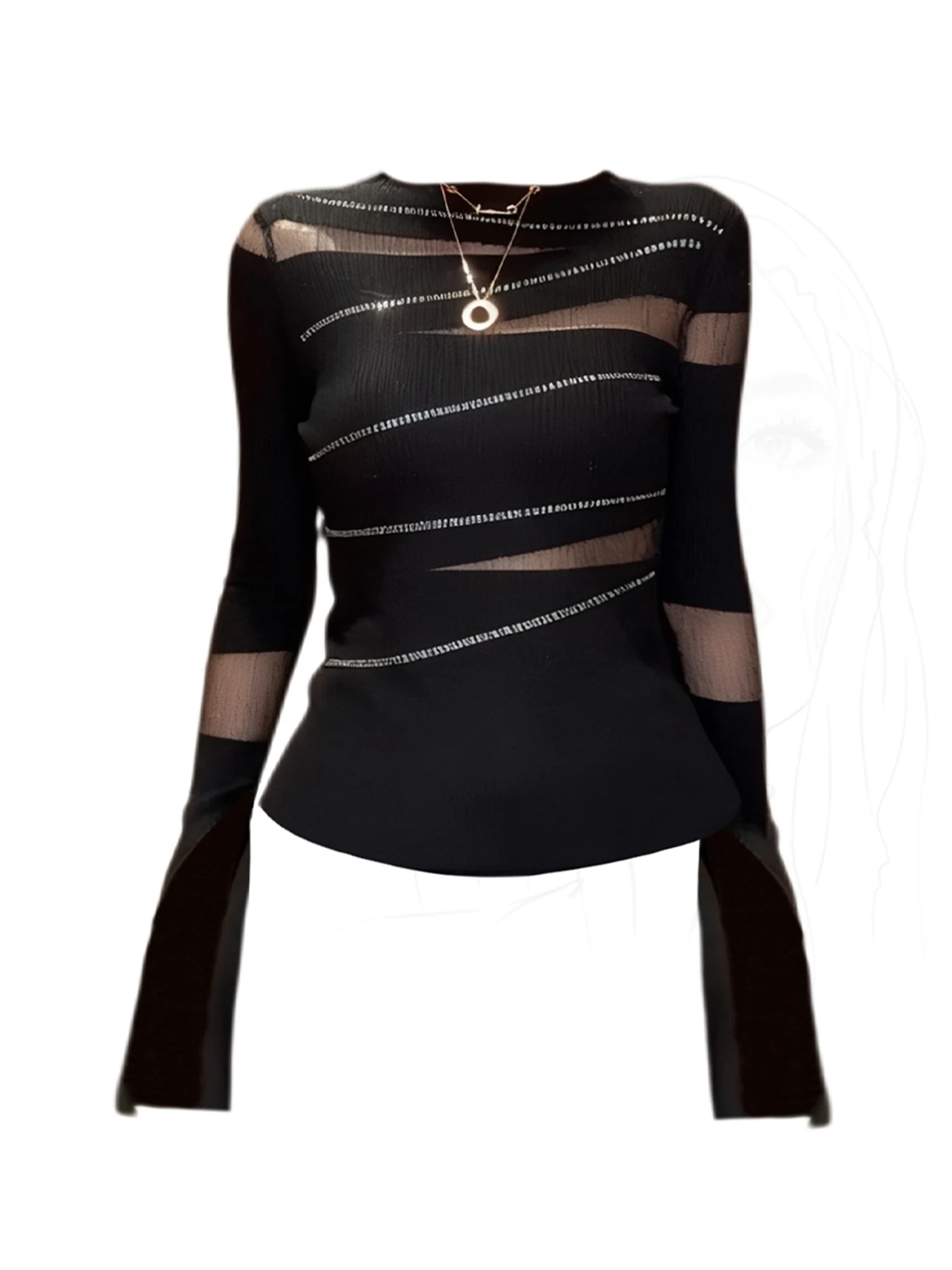 

Женская черная готическая футболка Y2k, винтажная эстетичная футболка Harajuku Gyaru Emo, топ с длинными рукавами, сетчатые лоскутные футболки, одежда 2000-х годов