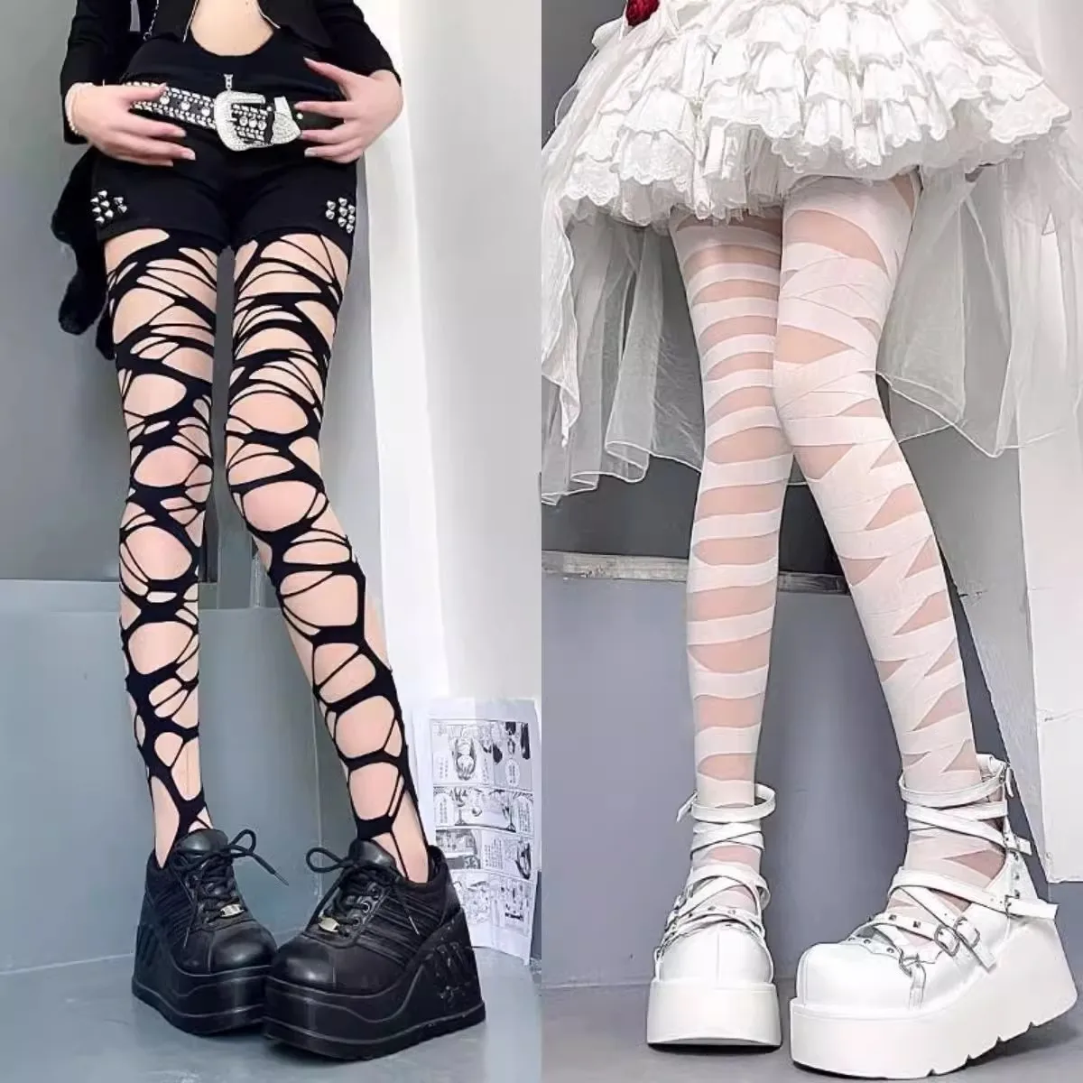 Women Sexy Perforated Stocking Y2k Gothic Black Punk Torn Strap Halloween Ragged Pantyhose Hosiery Party Underwear Pantyhose