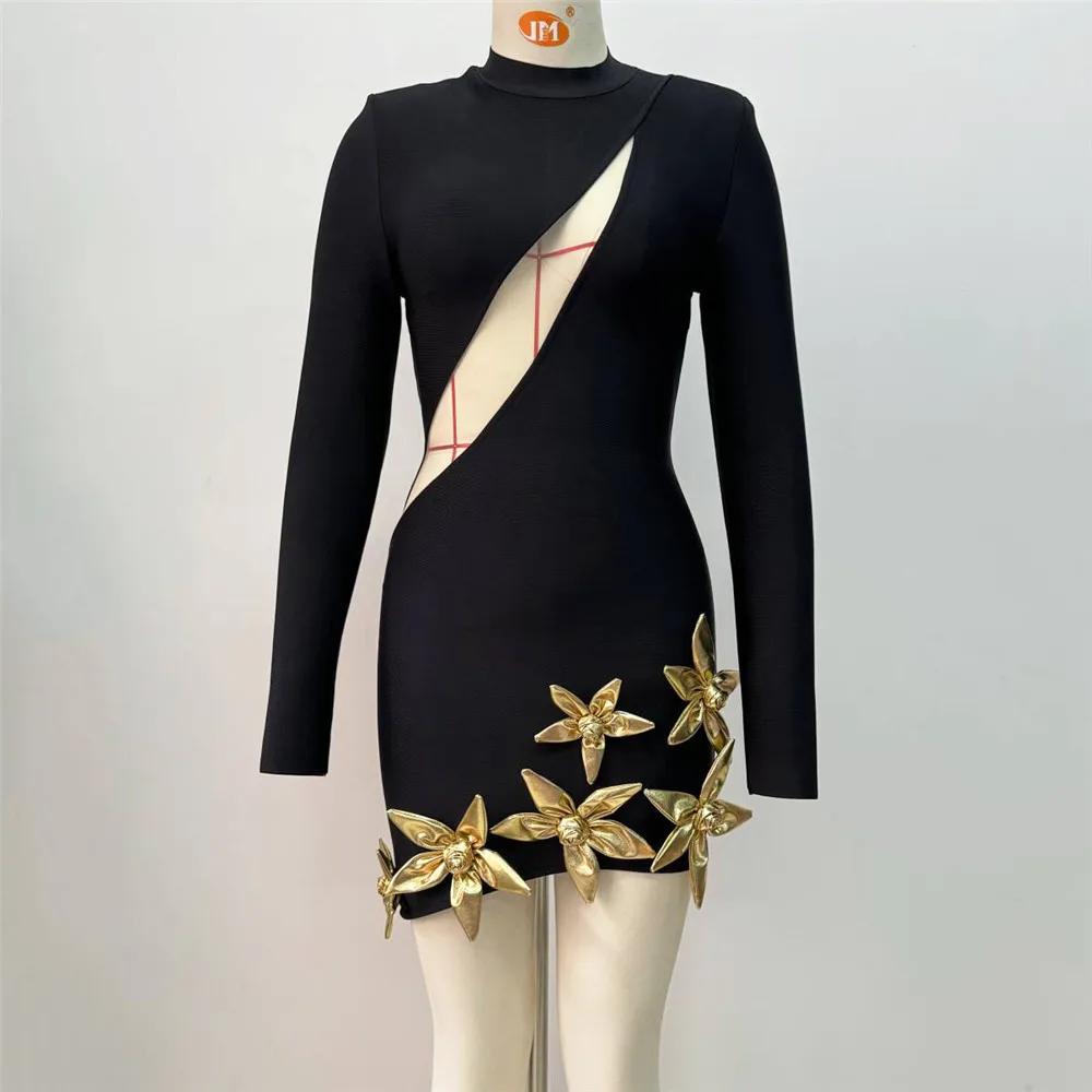 2024 صيف جديد ثلاثية الأبعاد الزهور الذهبية قطع ضمادة فستان سلحفاة الرقبة طويلة الأكمام سليم Bodycon المشاهير مساء رداء حفلات