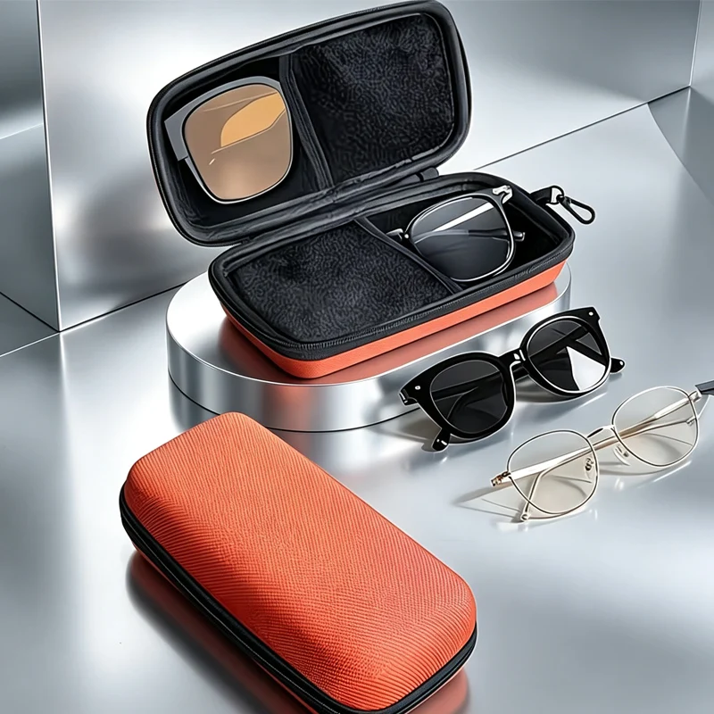 Unisex Hard Shell Double Compartment Glasses Storage Box Shockproof Portable Car Zipper Design Protects Double Lens Case