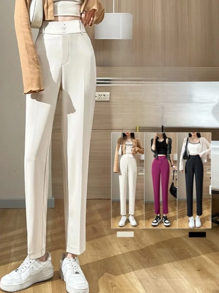 

Женские летние тонкие повседневные брюки с высокой талией, прямые, в корейском стиле, для офиса, формальные, узкие, длинные, длиной 7/8