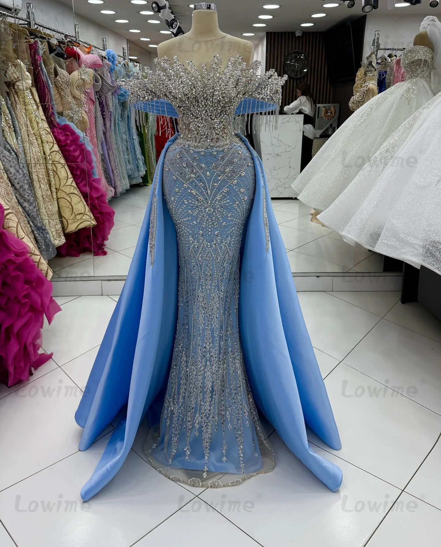 

2025 Blue Luxury Sparkly Crystals Tassel Mermaid Prom Dresses Customized Arabic Evening Dress Detachable Skirt Long Prom Gowns