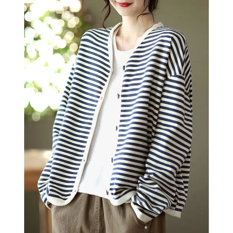 

Women's Autumn Casual Simplicity Striped V-neck Long Sleeve Sweater Women Clothes Fashion All-match Elegant Loose Knitwear