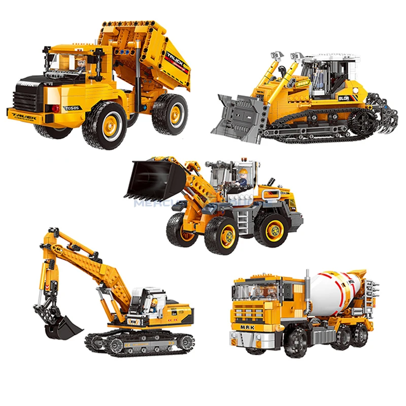 Heavy Duty Truck: Dump Truck Forklift Loader Excavator Bulldozer Mixer TruckModel Building Blocks Bricks High Tech Toy Gift Kids