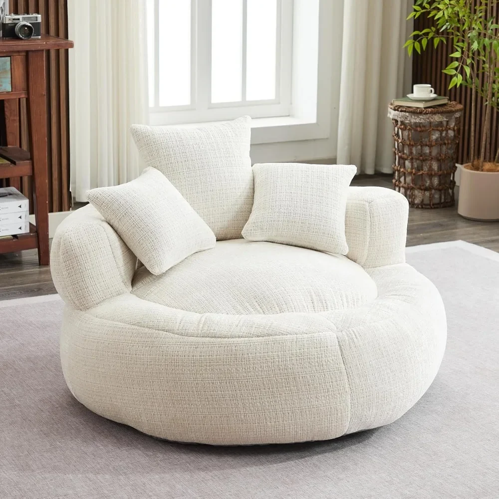 White Bean Bag Chairs for Adults, Modern Oversized Round Bean Bag Sofa Couch with Cozy Pillows & Filler, Comfy Stuffed