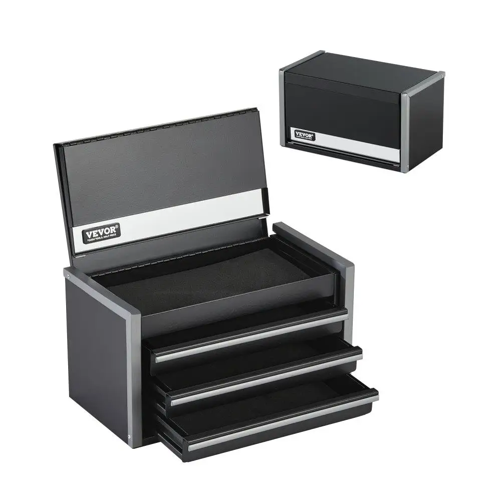 

8-Inch Metal Tool Box with 3 Drawers Portable Tool Organizer Black Heavy Duty Storage Case for Tools Garage Workshop