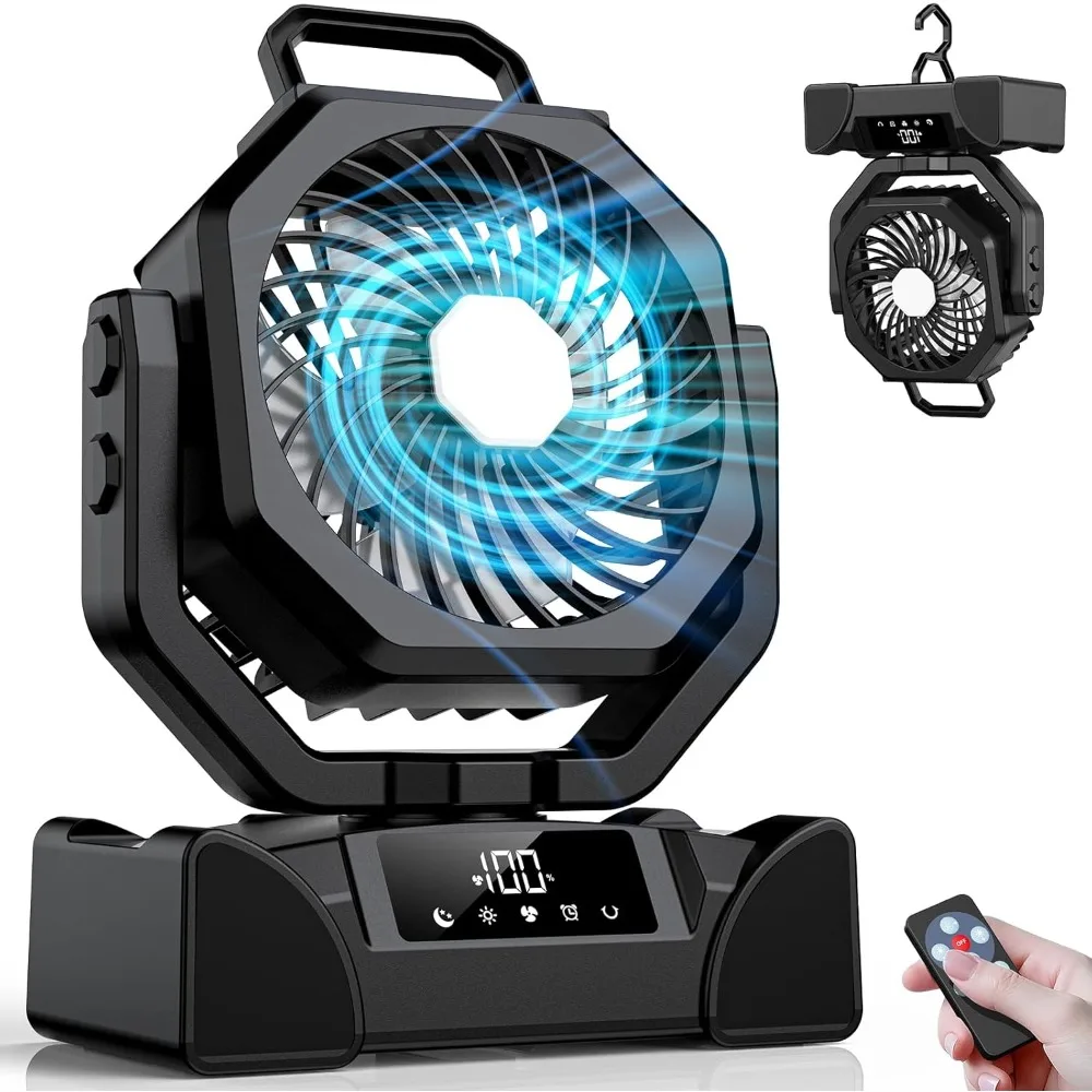 

Rechargeable 20000mAh Camping Fan with Remote Portable Battery Operated Tent Fan with Light 5 Speed Auto Oscillation 72Hrs