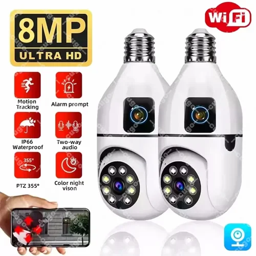 Cámara WIFI con bombilla E27 de 8MP, cámara de vigilancia inteligente para el hogar con doble lente, seguimiento humano AI, alarma de voz, Audio bidireccional, visión nocturna en Color