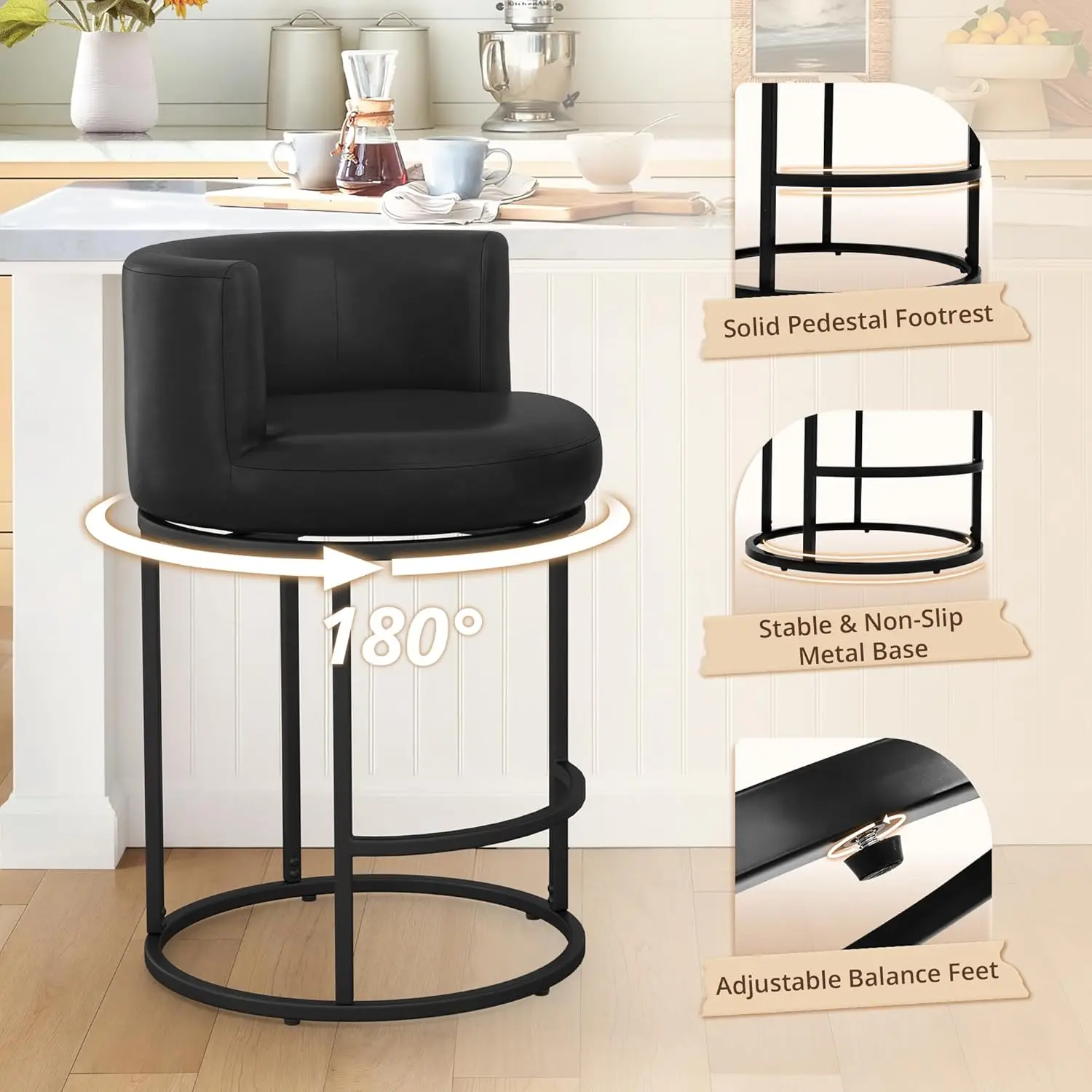 Juego de 4 Taburetes de Bar Giratorios de 26.8 Pulgadas de Altura, Respaldo en Forma de Barril, Cuero Sintético, Estructura Metálica, para Isla de Cocina, Color Negro, Personalizado