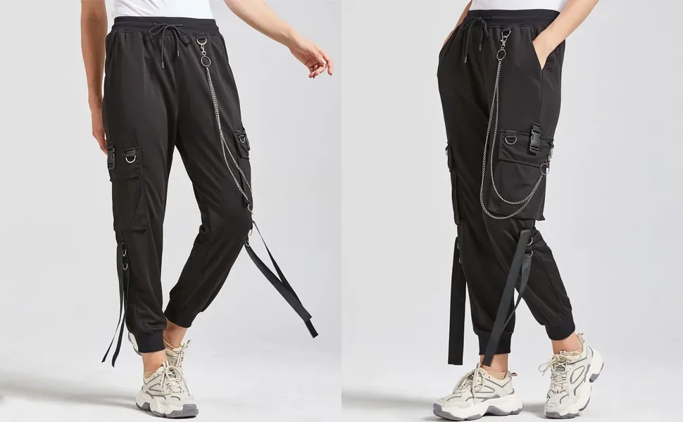 Schwarze Freizeithose für Damen im Frühling und Herbst, koreanischer Stil, Ins Hip-Hop-Student, lockere, hoch taillierte, schmal geschnittene Cargohose, trendig – Detail 2