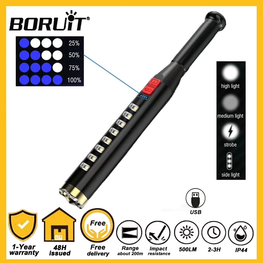 BORUiT Baseball Bat Flashlight LED COB Self Defense High Powerful Rechargeable Torch Waterproof Police Patrol Emergency Handlamp