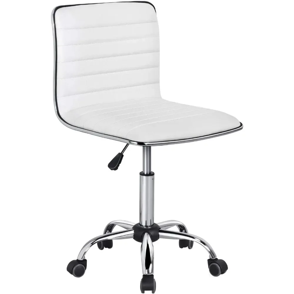 Adjustable Task Chair PU Leather Low Back Ribbed Armless Swivel White Desk Chair Office Chair Wheels