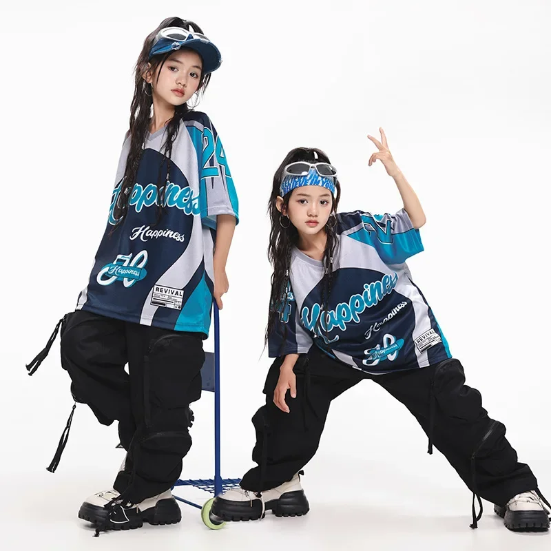 Neue Ballsaal Hip Hop Street Dance Kostüme für Mädchen Casual T-Shirt Schwarz Cargo Hosen Anzug Gruppe Jazz Leistung Bühne Tragen