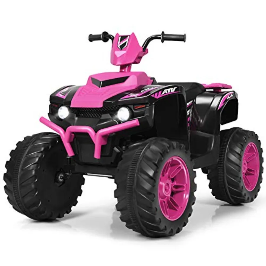 

ATV ride-on vehicle for outdoor play, ABS plastic body in red, dual-speed control, LED lights, horn, music, USB port, treaded t