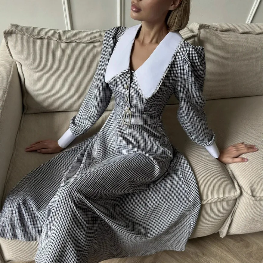 فستان أنيق ذو طية صدر السترة على الطراز الفرنسي ذو طية صدر السترة من الدانتيل منقوش أنيق بصدر واحد وأكمام منتفخة مع حزام خصر