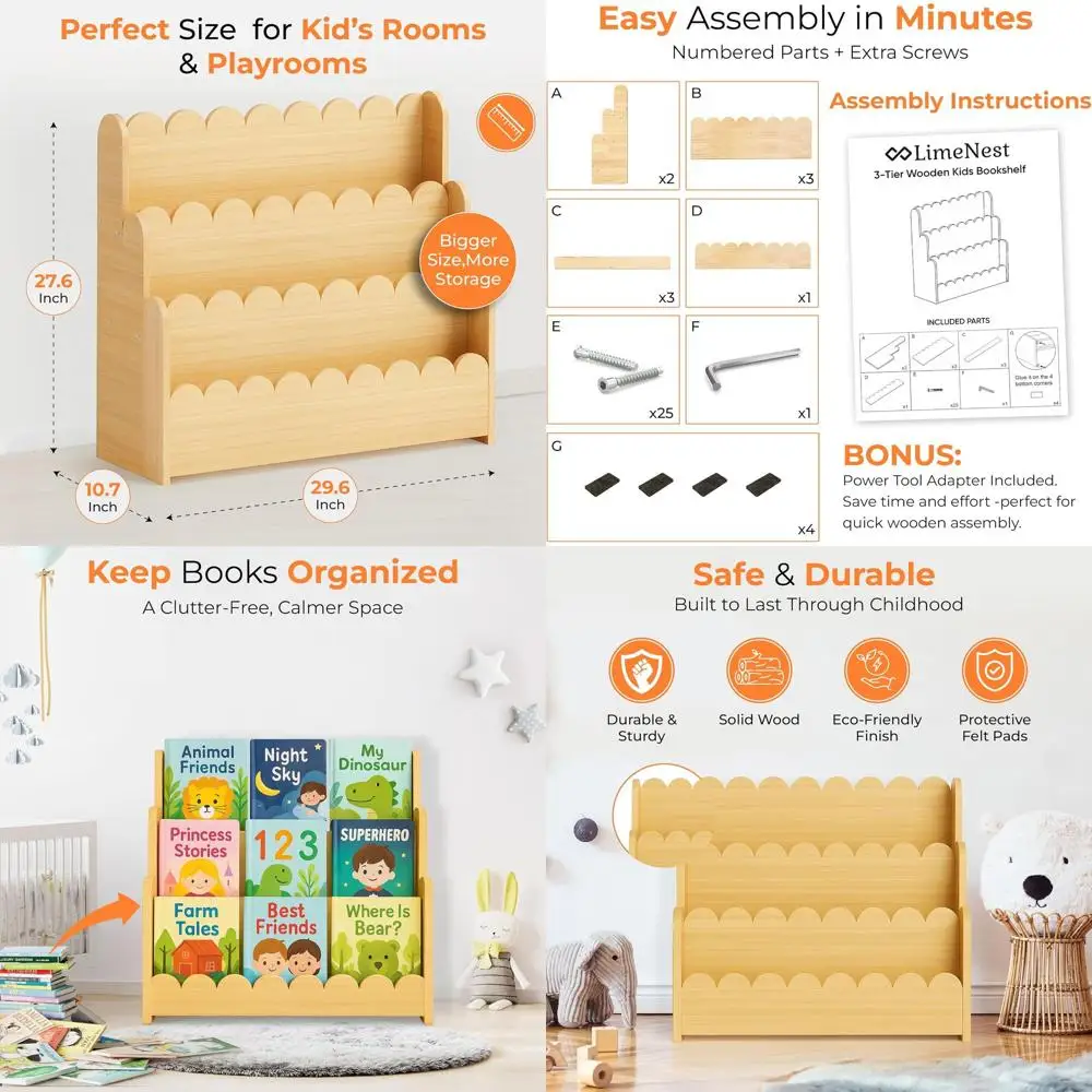 

Montessori-Style 3-Tier Wooden Bookshelf for Toddlers, Nursery & Playroom, Scalloped Front Book Display