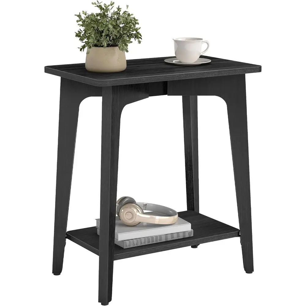 2-Tier Small Rectangular End Table, 11.8 x 18.9 x 21.8, Nightstand with Tapered Legs, Curved Edges, Ideal for Small Spaces, Char