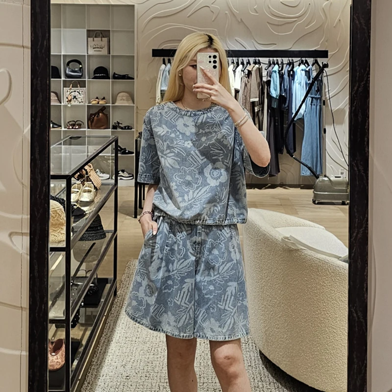 

Современный круглый Ne Denim irt с принтом. Широкие ноги. Женский модный комплект. Летний наряд Selfwill Ele Sle ort Sve.