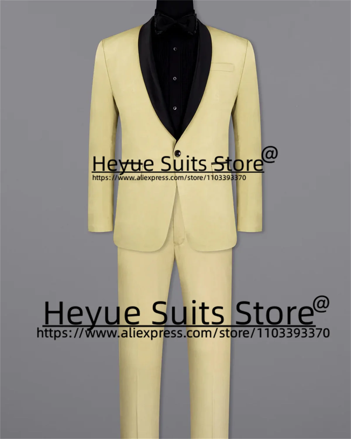 Fashion ltalian Style Yellow Men Suits Slim Fit Black Velvet Shawl Lapel Groom Formal Tuxedos 2PCS Sets traje de hombre elegante