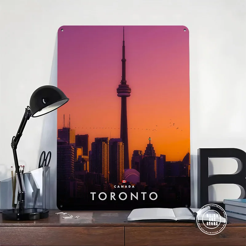 Toronto Skyline At Sunset Personalized 3D Textured Metal Poster Wall Art Tinplate Sign for Home and Decoration Gaming Decor Room