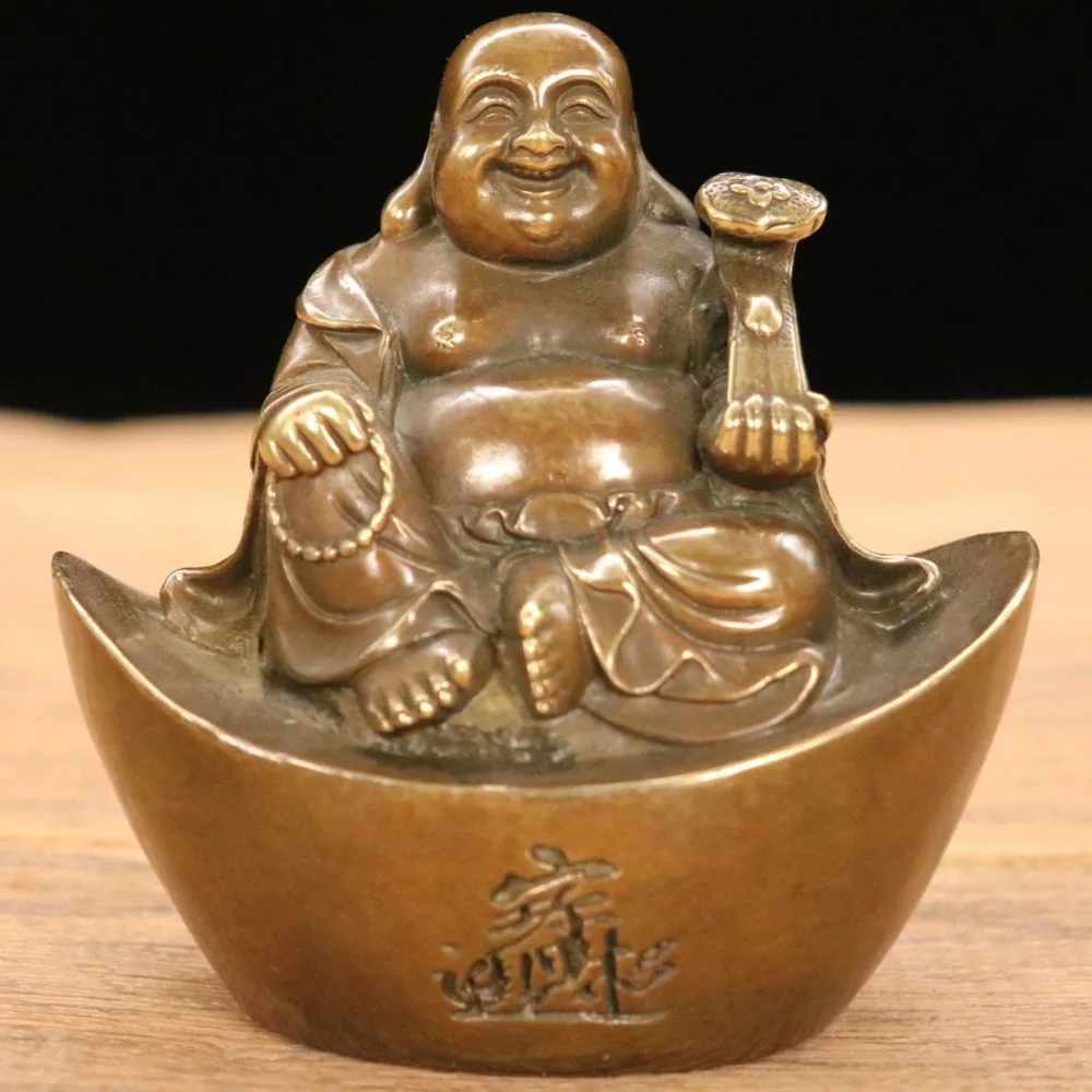 Ingot-Shaped Maitreya Buddha Statue for Prosperity and Wealth: Antique-Style Patina, Collectible Home Decor and Artisan Craft