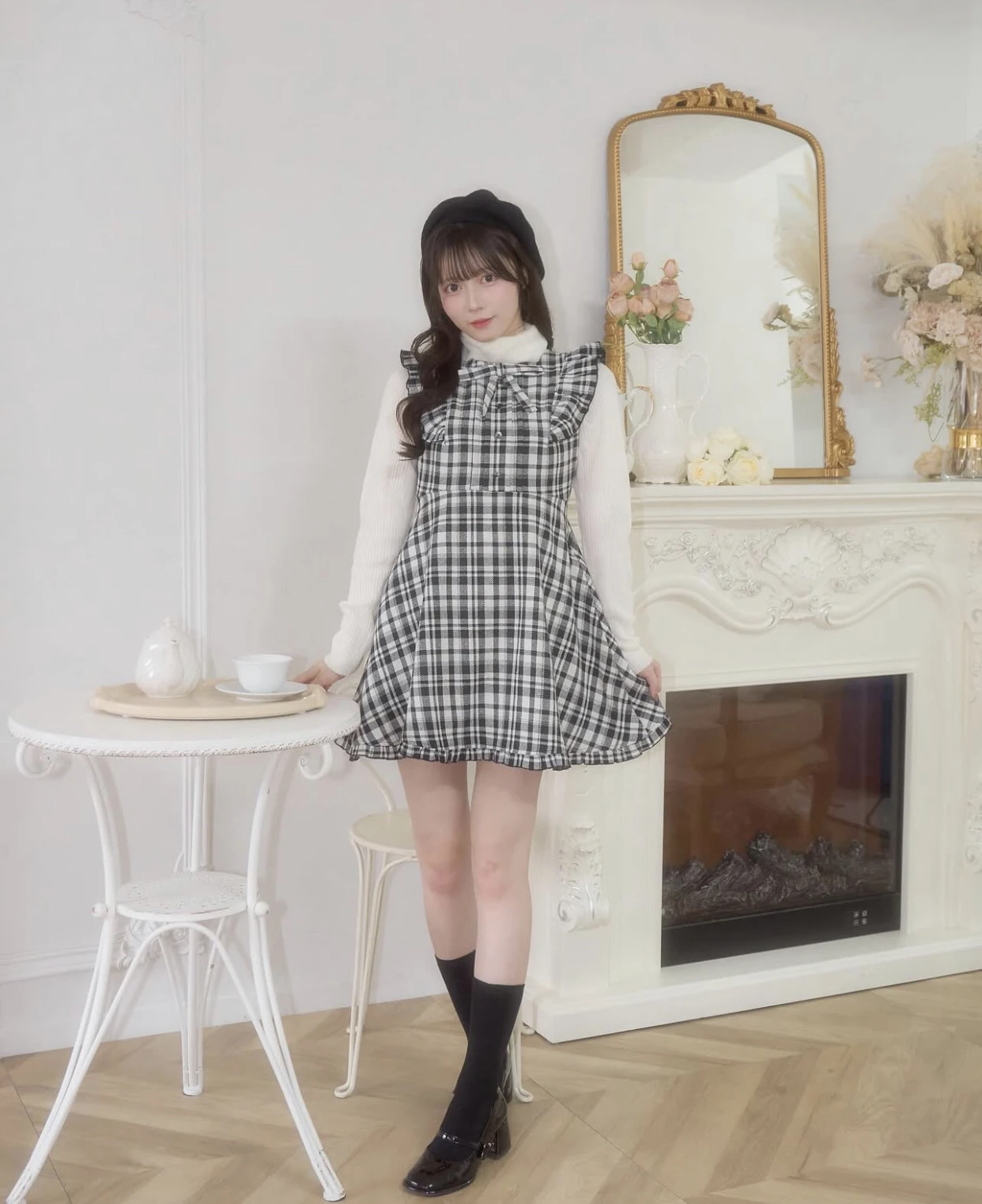 Japanese Temperament Retro Socialite Round Neck Bow Ruffles Splicing Sleeveless High Waist A-line Plaid Woolen Tank Dress Women