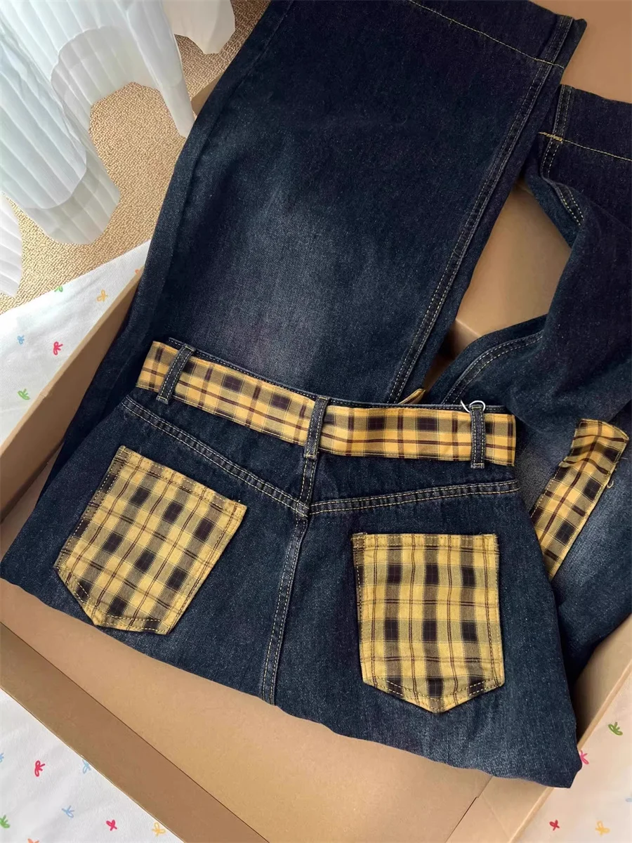 

Прямые джинсы с высокой талией в американском стиле, цветные джинсы в клетку, женские летние утягивающие длинные брюки свободного покроя