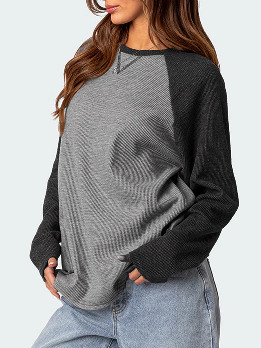 Women s Fall Loose Pullover Contrast Color Long Sleeve Crew Neck Waffle Sweatshirt