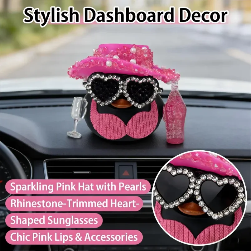 1PC Black duck with pink glitter hat and champagne bottle design, car ornament, car decoration, car center console ornament.