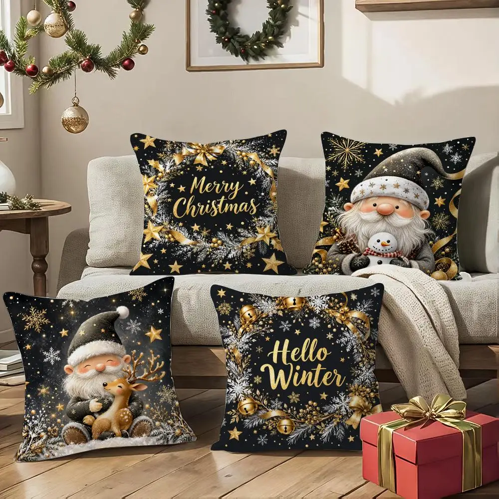 Gilded Gnome Christmas Cushion Cover 1/4Pcs Soft Plush Cushion Case Throw Pillowcase Cozy Home Sofa Bed Living Room Decor