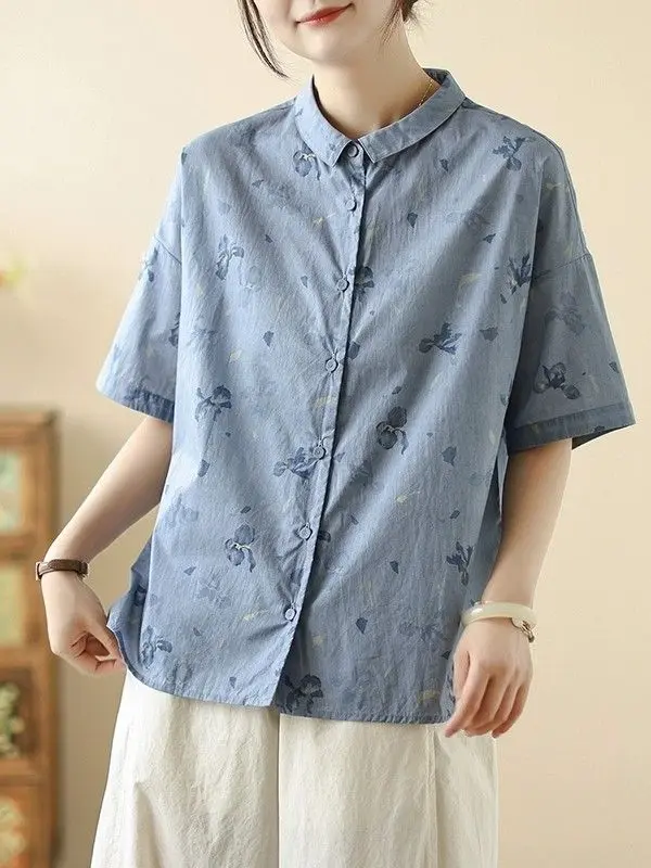 

French Style Artistic Printed Linen Shirt for Women 2025 New Spring Fashion Versatile Loose Casual Polo Collar Womens Blouse