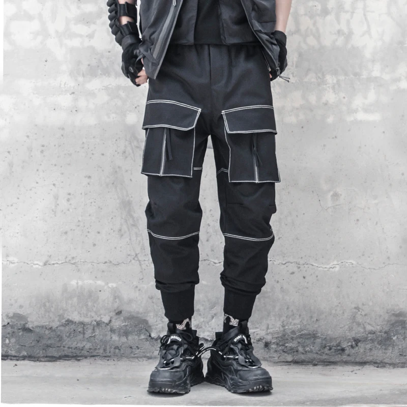 Men's Fashion Loose Bright Line Ruffian Handsome Multi Pocket Overalls Autumn New Versatile Leggings Casual Leggings