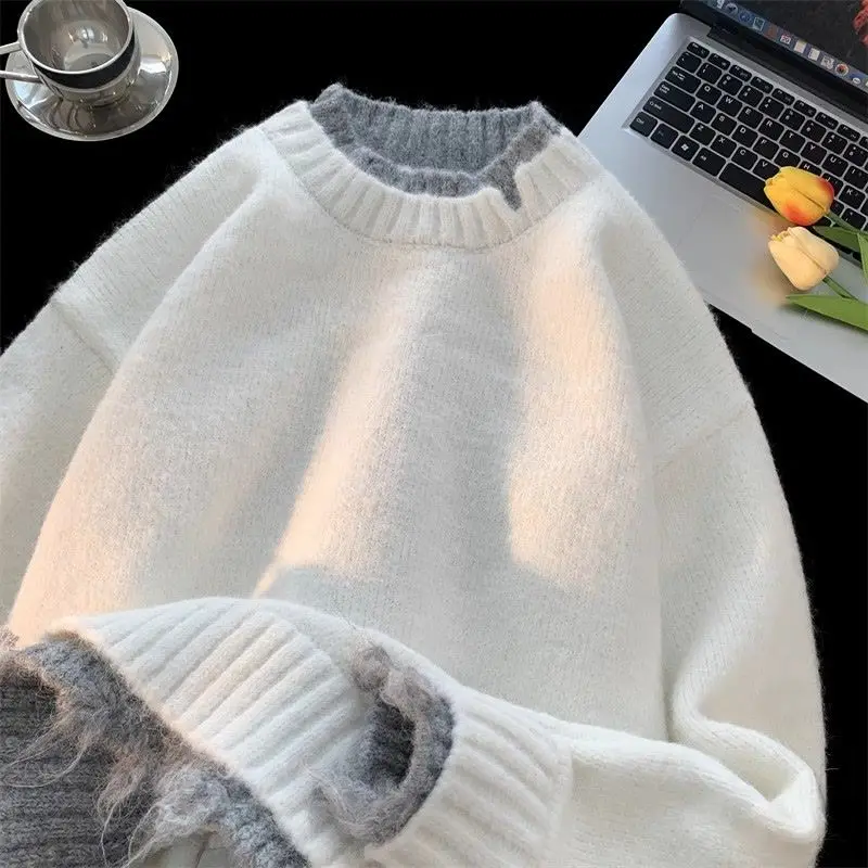 

Fake two-piece ripped sweater for men in spring and autumn trendy loose lazy style couple's knitted sweater comfortable and warm