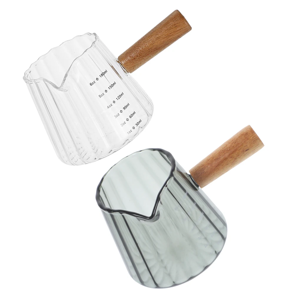 

2Pcs Wooden Handle Milk Frothing Cup Clear Glass Espresso Accessories Measuring Coffee Bar Multifunctional Design