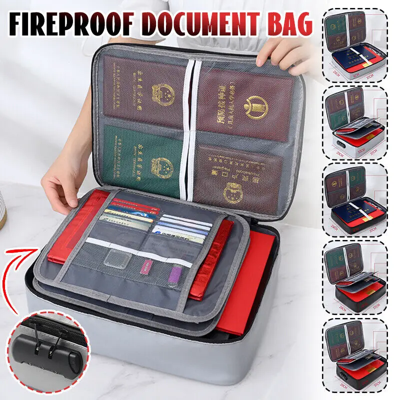 Fireproof Document Password Bag Waterproof Card Holder Combination Lock Document Organizer Bag Safe Papers Multi-Layer Card Case