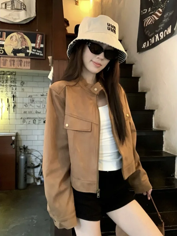 

Retro Sle Women's Long Sve Stand Collar Jaet Coat Deer Skin Velvet Loose Fit Biker Wear Spring 2026 New Arrival