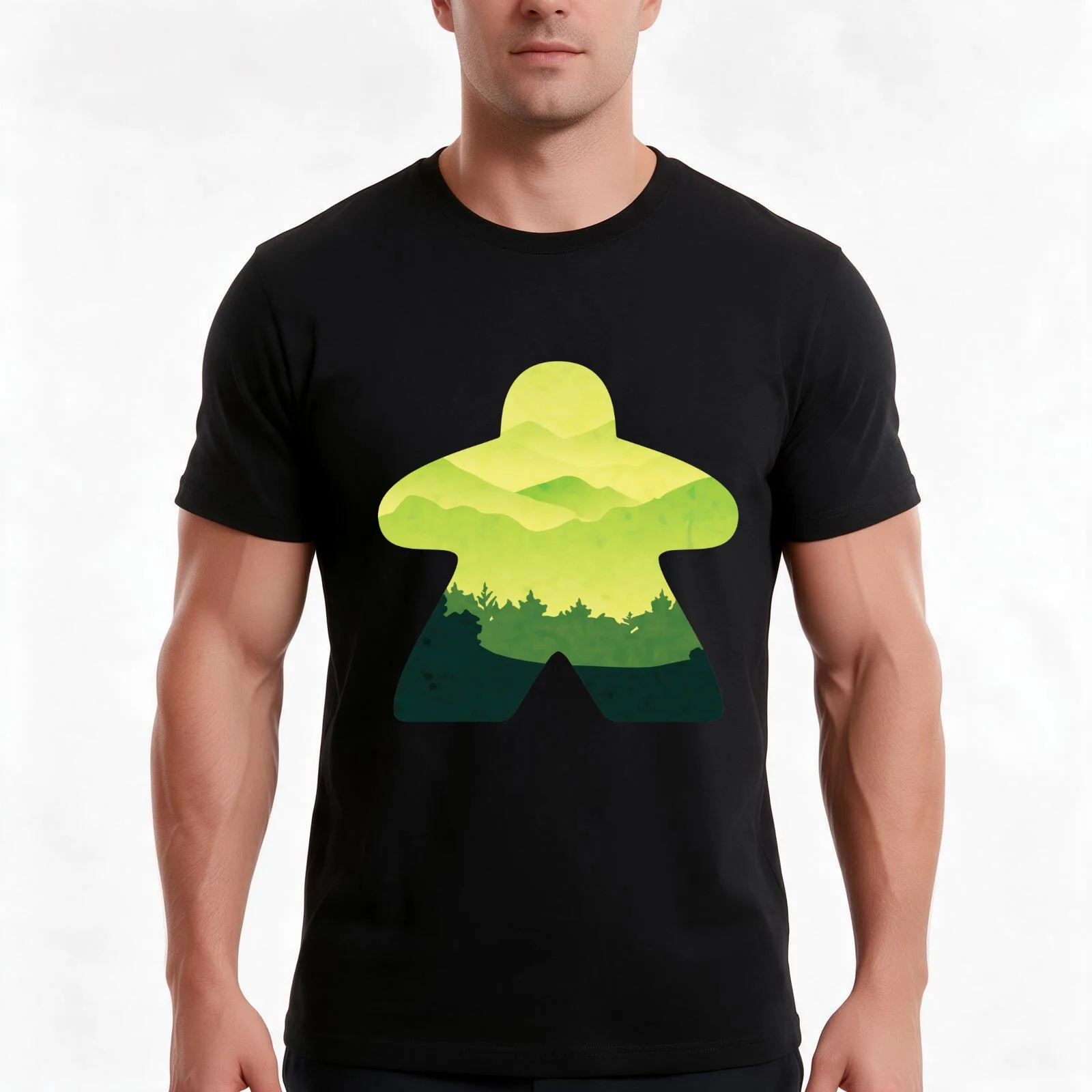 Green Hillside Scape Meeple Board Game Adventure Scene T-Shirt, Summer Casual Cotton Tee, Oversized Streetwear Tops, 100% Cotton