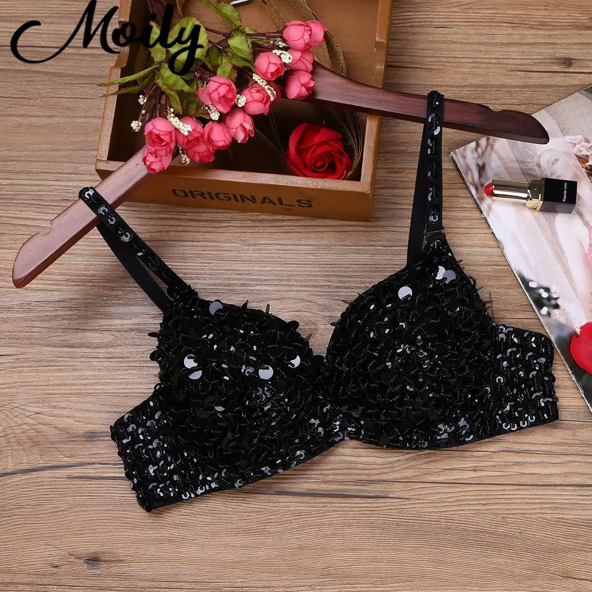 Biustonosz do tańca brzucha, kostium sceniczny dla piosenkarki, błyszczący, z cekinami, zdobiony koralikami, z wkładkami, top na Halloween, rave'y, do klubu tanecznego