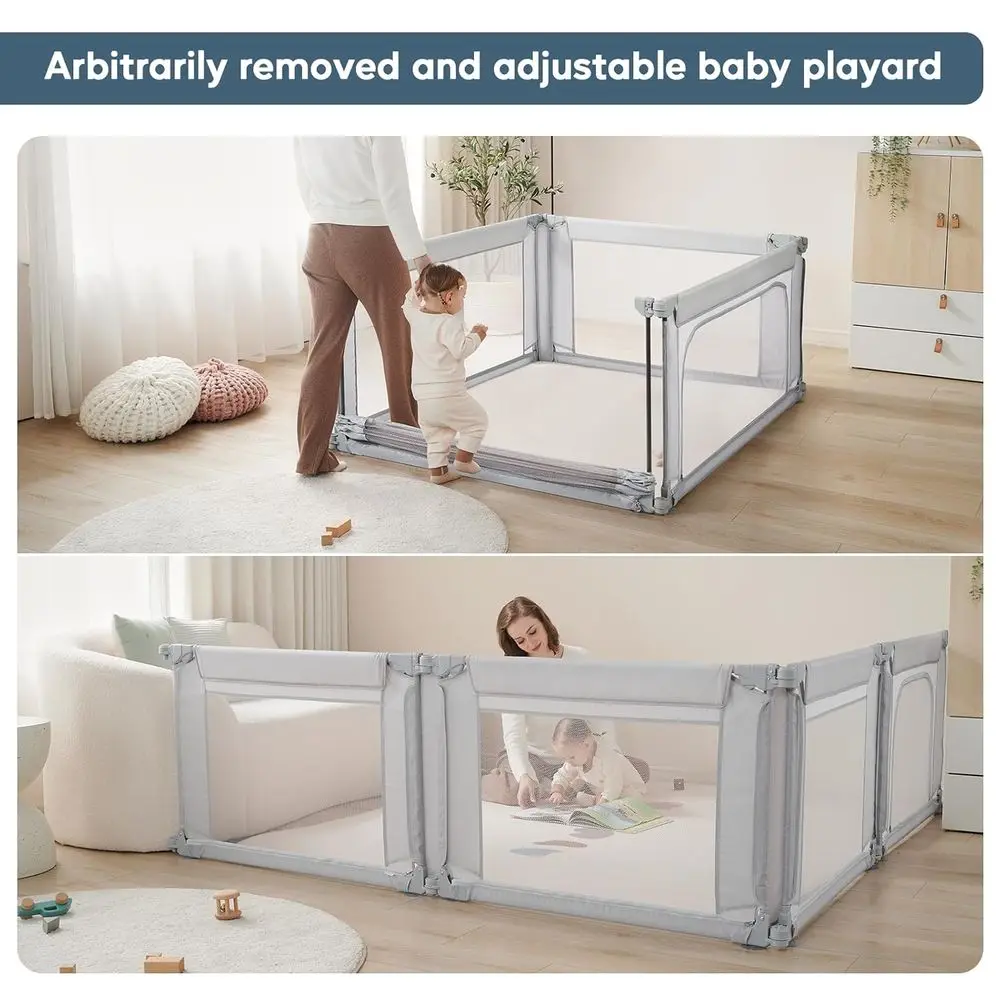 روضة أطفال قابلة للتعديل مقاس 47 × 47 باللون الرمادي مع 360 درجة °   شبكة، ساحة لعب داخلية/خارجية للرضع والأطفال الصغار