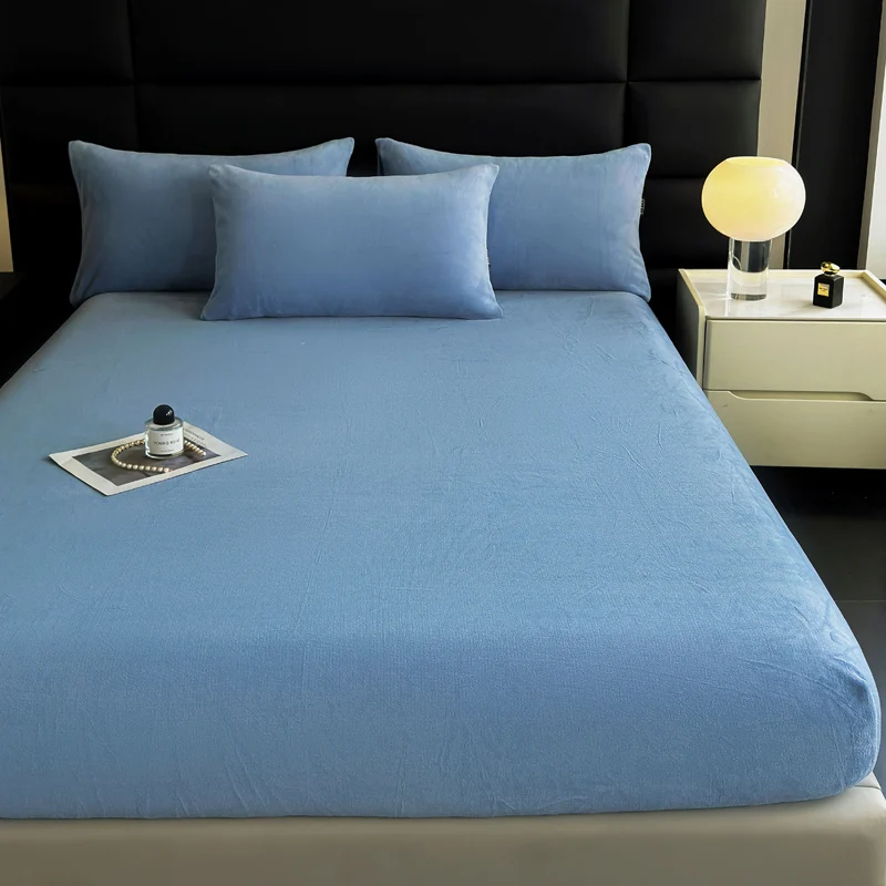 3pcs Simple Blue Flannel Fitted Sheet Fashion Solid Color Bedding Set Warm Plush Bed Sheet Set Home Bedroom Deep Pocket Sheet