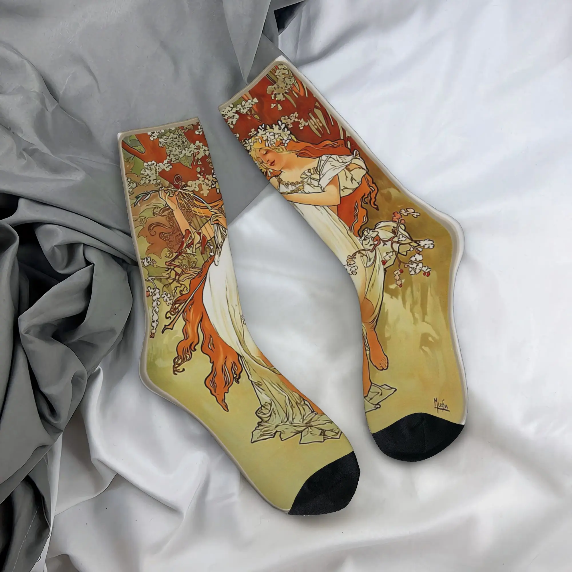 

Language of Flowers Alphonse Mucha Stockings Graphic Funny Socks Autumn Non Slip Socks Adults Men Running High Quality Socks