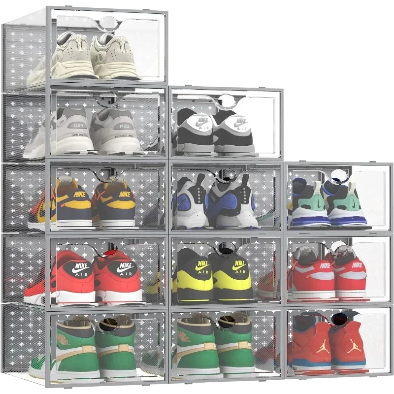 Pinkpum XXL Larger  Storage Boxes Fit Size 14, Clear Plastic Stackable Organizer 12 Pack Sneaker Storage