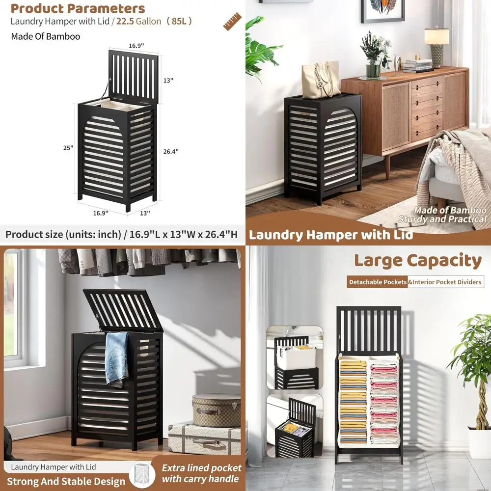 

Large 85L Bamboo Laundry Hamper with Lid and Removable Bag for Clothes and Bathroom Storage (Black)