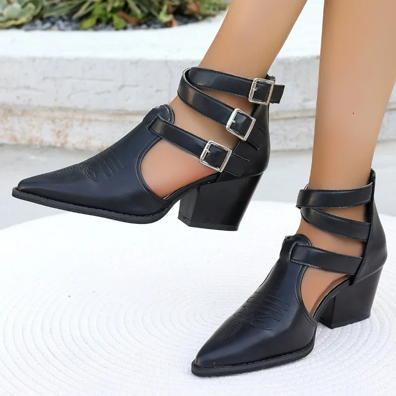 New Style Fashion High Heel Thick Heel Pointed Retro Belt Buckle Popular Boot Women's Leather Boot Single Shoes Large Size 35-42